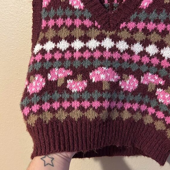 Brown and Pink Shroom Mushroom Forever 21 Soft Knot Sweater Vest Retro Style - Picture 3 of 8
